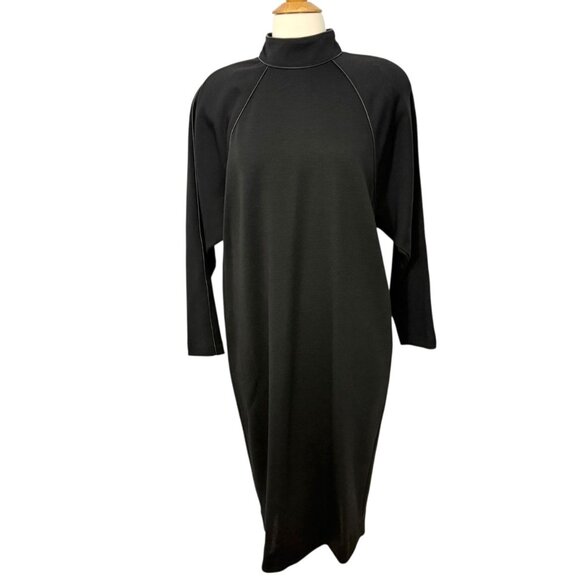 Caroline Rose Black Wool Dress Leather Trim Retro Shoulder Pads Pockets Size M - Picture 1 of 14